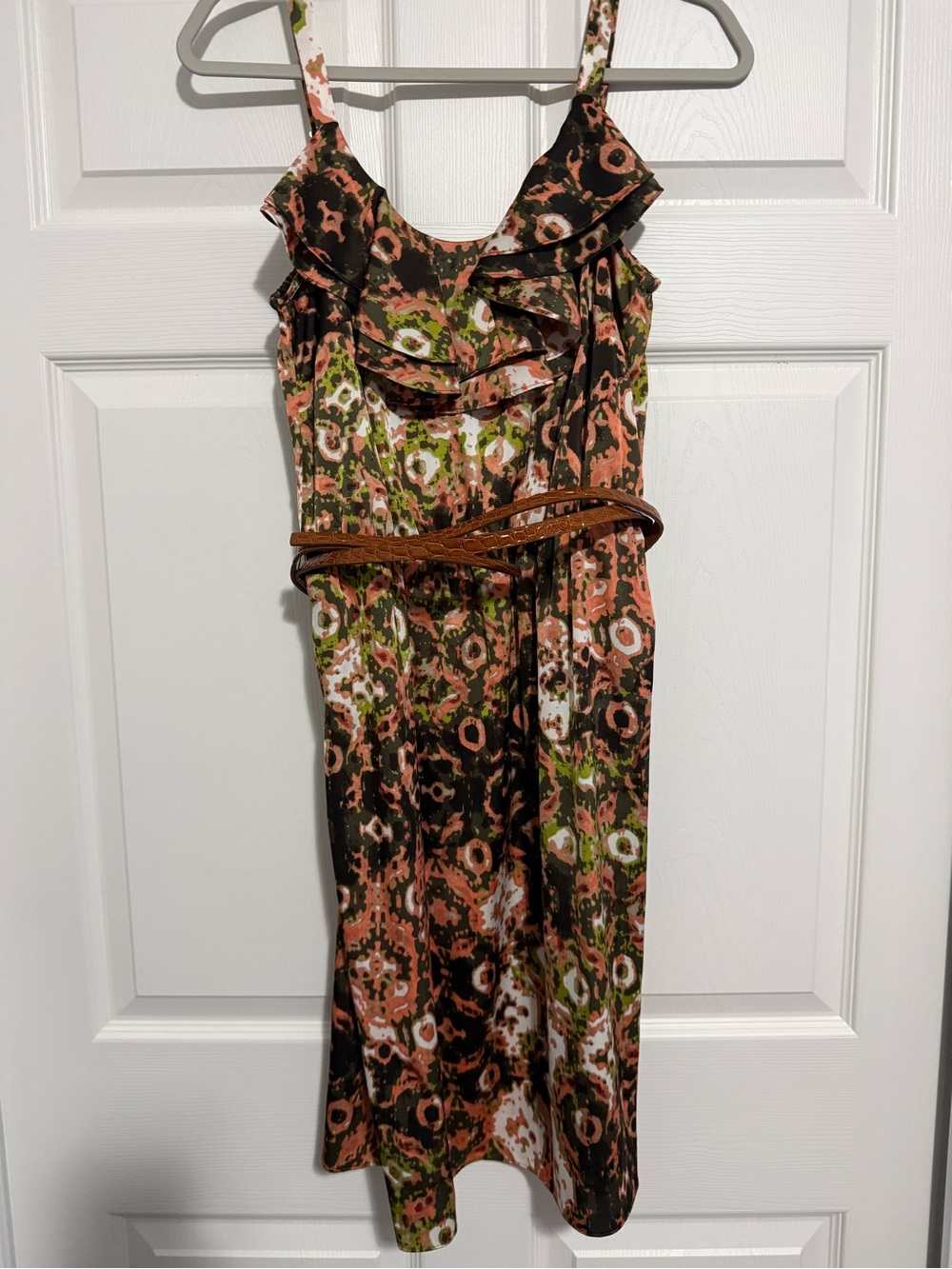 Calvin Klein Peach, Olive & Black Ruffle Midi Dress